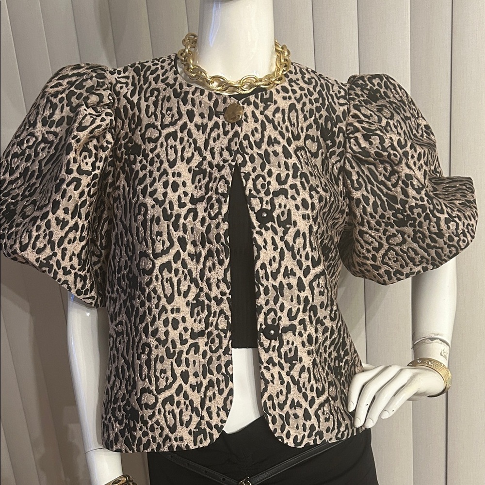 H&M Leopard Print Puff Sleeve Pea Coat - Picture 4 of 7